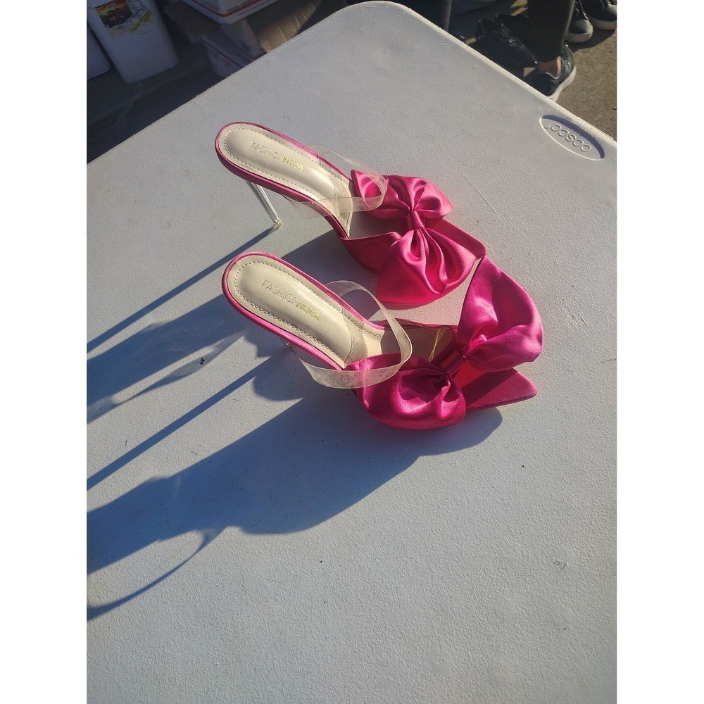 Fashion Nova Hot Pink Satin Bow Mule Heels Clear Strap Stiletto Sandals Size 8.5